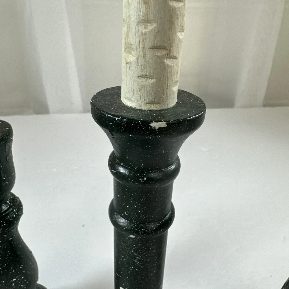 Set Of 3 Wooden Candlesticks. Dark Green/Black.‎ Vintage Country